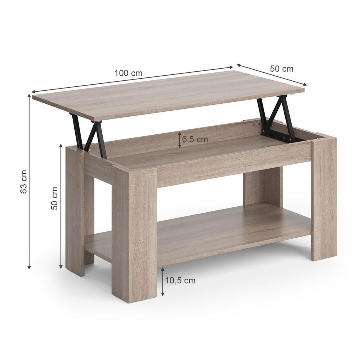 COUCHTISCH Lorenz Sonoma 100 x 50 cm mit Liftfunktion - Sonoma Eiche, Holzwerkstoff (50/100/50cm) - Vicco