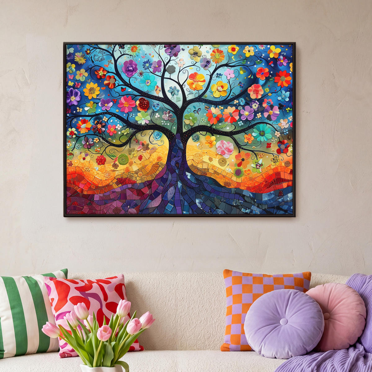 LEINWAND Bilder mit Rahmen - Kunst - Baum des Lebens - Blumen - Hippie - 100x70 - Dunkelblau, Textil (100/70cm) - MuchoWow