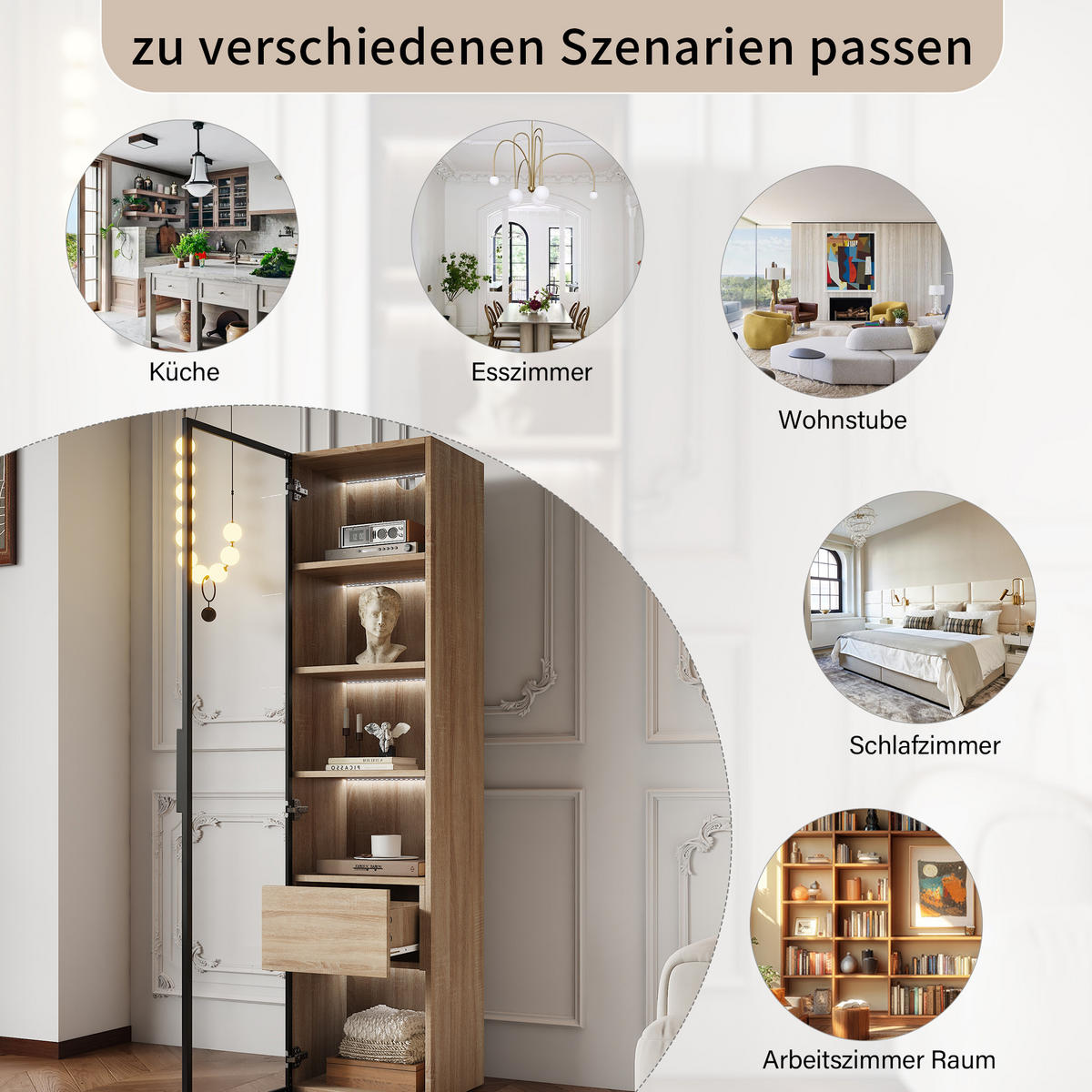 HOCHSCHRANK 40x34.5x165 cm Naturfarben mit gehärtetem Glas & offenen Fächern - Naturfarben, Holzwerkstoff (40/165/34.5cm) - Modfu