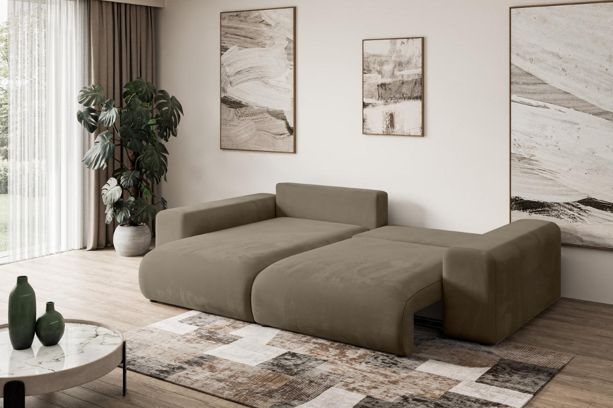 ECKSOFA mit Schlaffunktion und Bettkasten ESKAR-L 256x165x84cm Braun Velours - Schwarz/Braun, Holzwerkstoff/Kunststoff (165/256cm) - ALTDECOR
