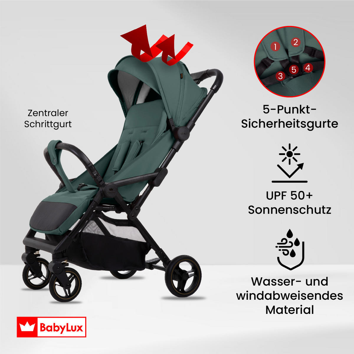BUGGY Giau, Klein und Leicht, Teleskopische Führung, Kompakt Faltbar, Wickeltasche, Reisetasche - Schwarz/Grün, Textil/Metall (58/98cm) - BabyLux