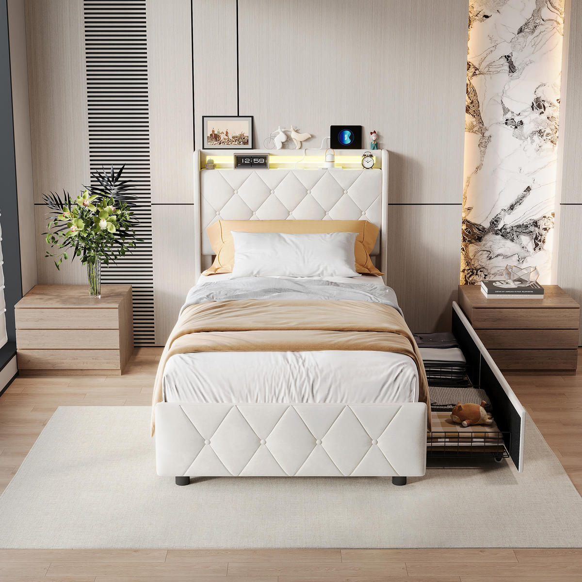 POLSTERBETT 90/200 cm Beige mit Schubladen und LED-Beleuchtung - Beige, Holz (90/200cm) - SHOPENTRA