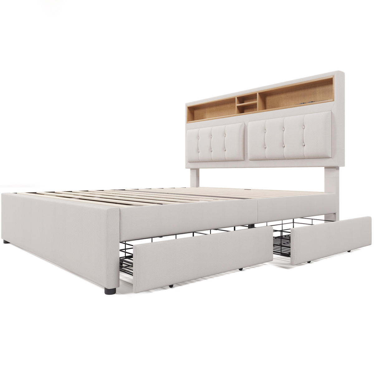 POLSTERBETT 140/200 cm Beige mit 4 Schubladen und USB-C Anschluss - Beige, Textil (140/200cm) - OKWISH
