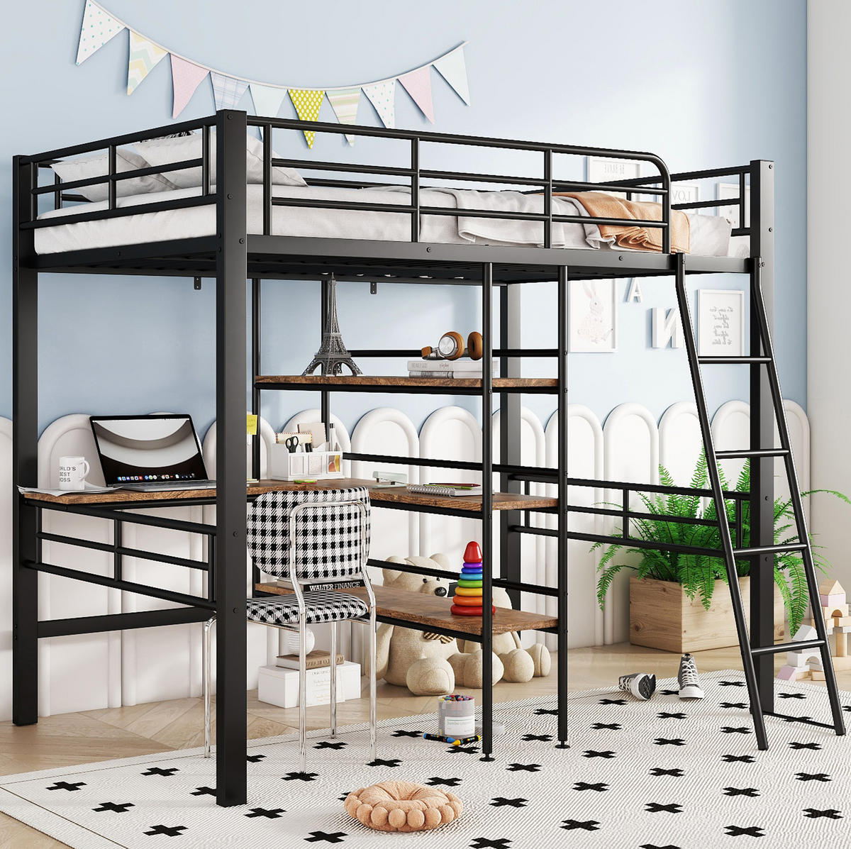 HOCHBETT 90/200 cm aus Metall mit Schreibtisch und Regalen, Schwarz - Schwarz, Metall (90/200cm) - Flora Grace