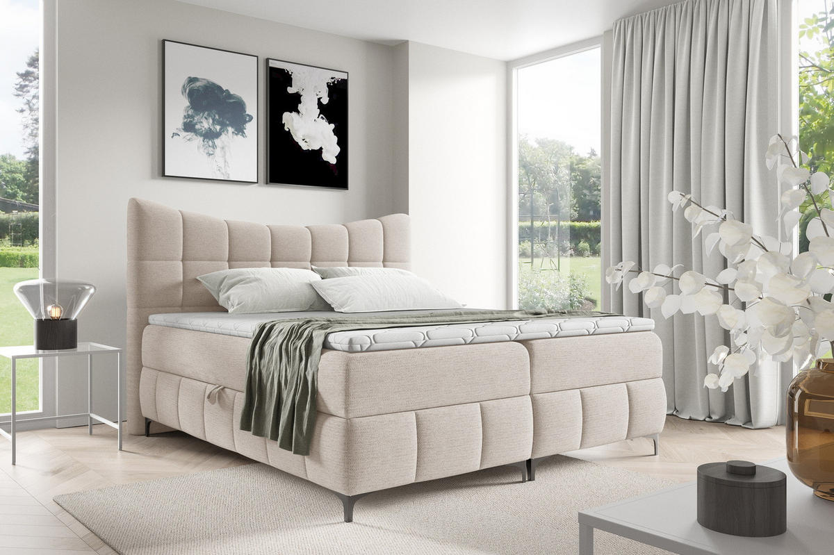 BOXSPRINGBETT 200x200 Almera, Chenille, Bettkasten, Matratze, Creme - Creme, Holz/Textil (200/200cm) - Emporius