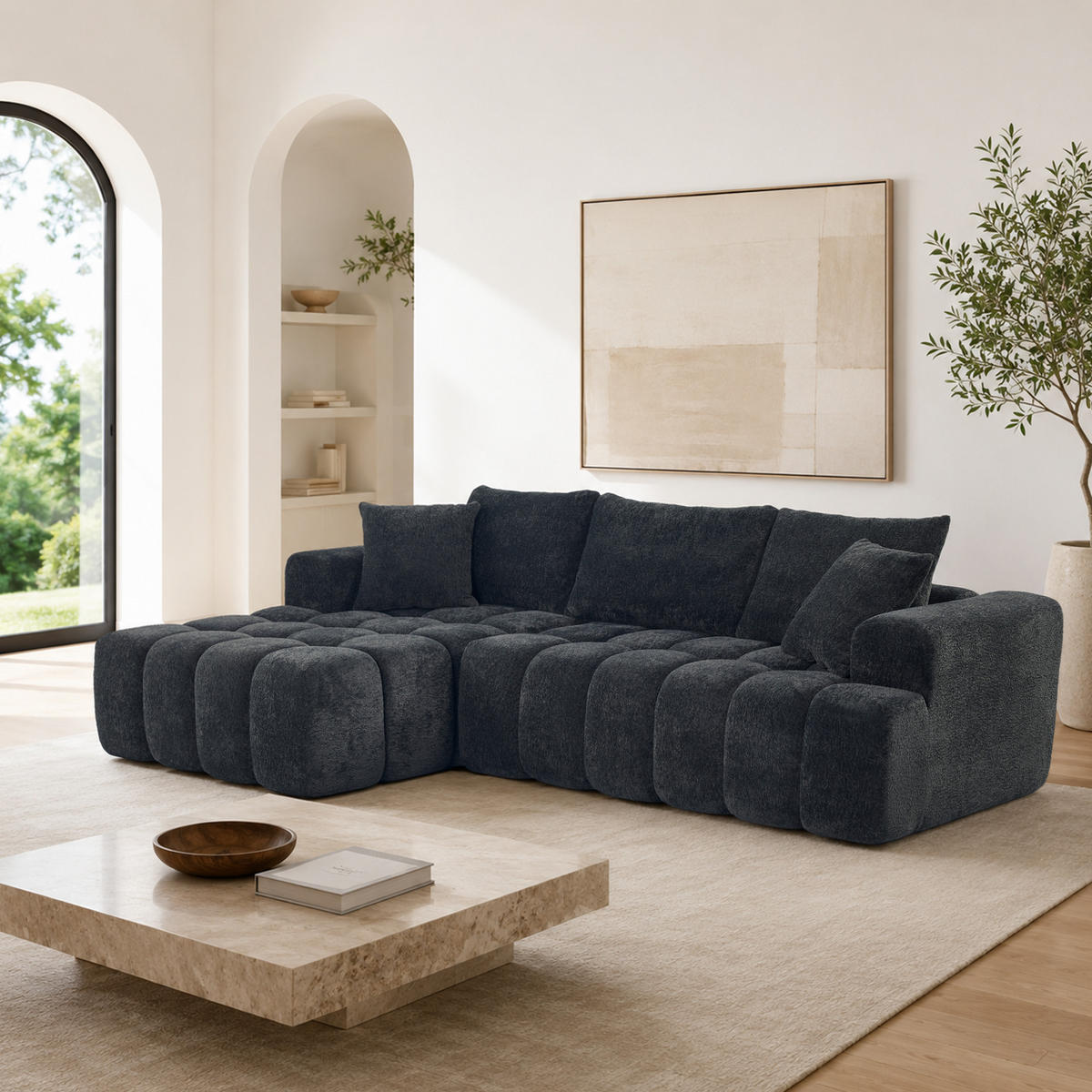 ECKSOFA L-Form 3-Sitzer in Dunkelgrau aus Samt mit linker Chaiselongue - Dunkelgrau, Textil (250/160cm) - CHICFURN