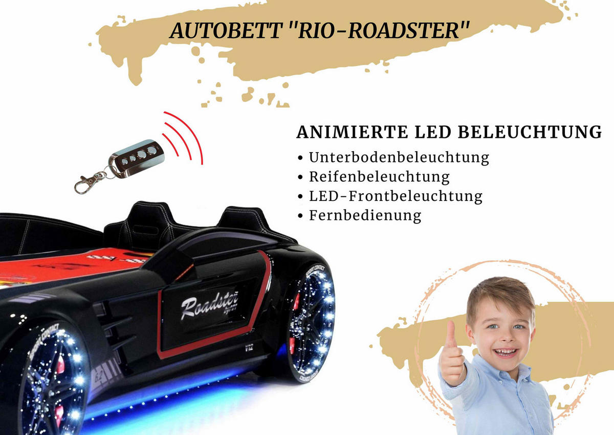 AUTOBETT Roadster Schwarz Kinderbett LED Sound Sportsitze Lattenrost Spoiler - Schwarz, Holzwerkstoff/Kunststoff (90/190cm) - Aileenstore