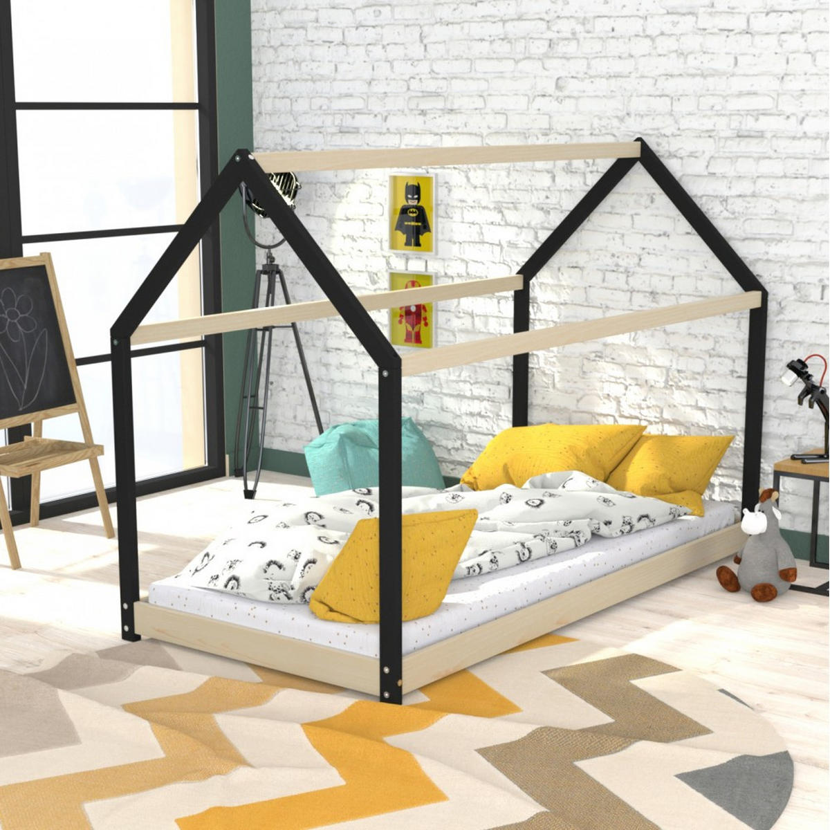HAUSBETT PANDA mit Lattenrost / Kinderbett 90x190 + Lattenrost + Matratze IRIS - Natur und Schwarz - Multicolor, Holz (90/190cm) - Weber Industries