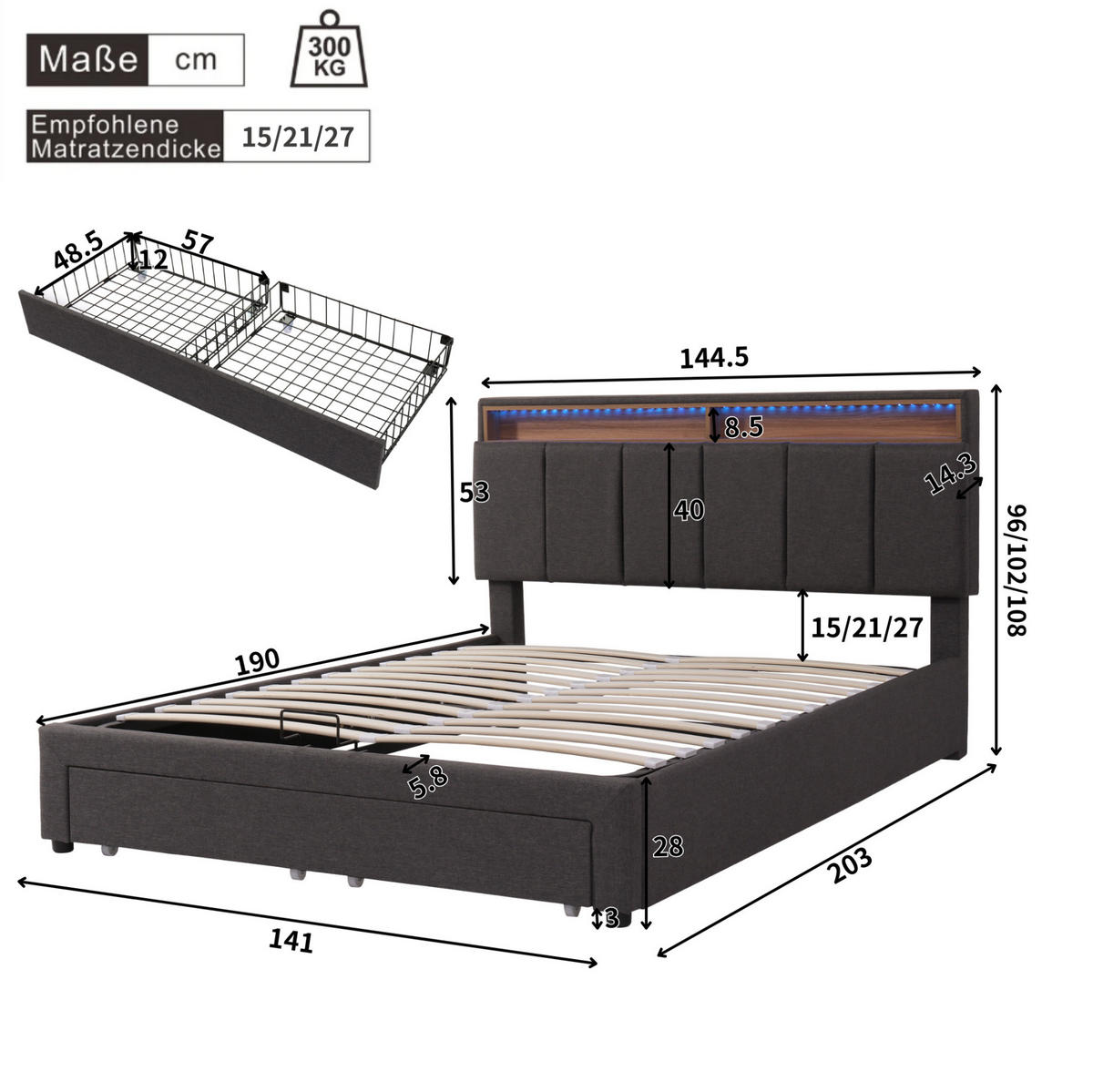 TAPECIRANI krevet od čelika i lana 140x200 cm sivi s LED rasvjetom i prostorom za odlaganje - siva, tekstil (140/200cm) - Modfu