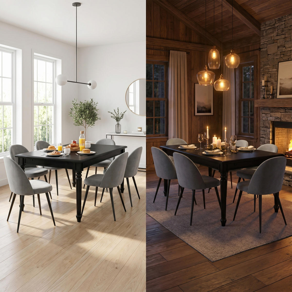 ESSGRUPPE Amaretta mit Esstisch Schwarz und 6 Stühlen Grau, 180 x 100 cm - Grau, Holz/Textil (180/75/100cm) - ebuy24
