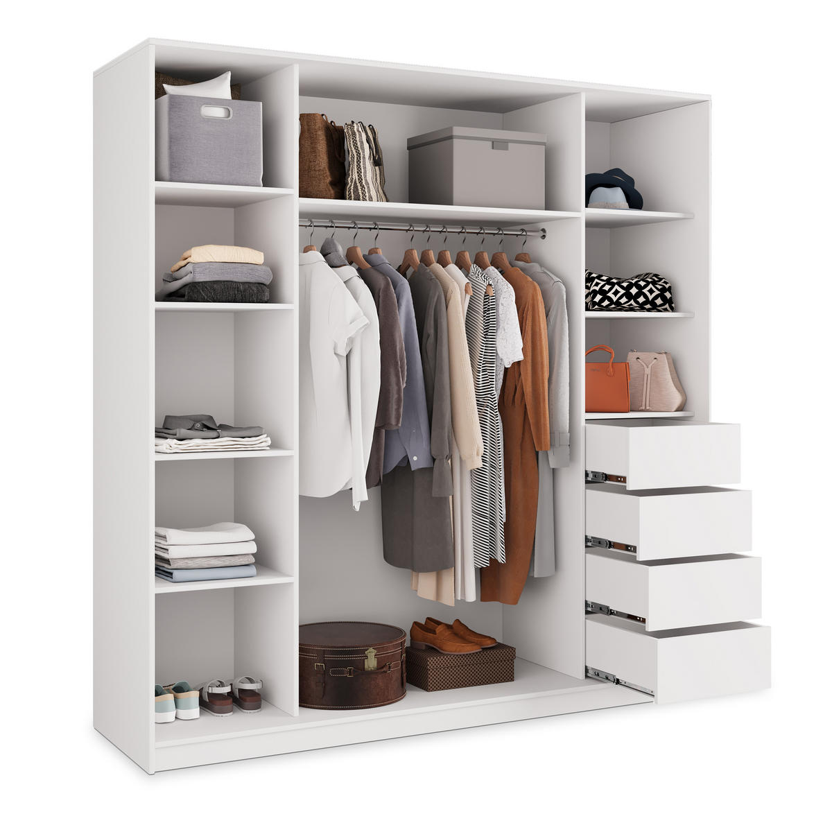 SCHWEBETÜRENSCHRANK TARI 180/205/58 cm 3-türig mit Spiegel und Schubladen Weiß - Silberfarben/Weiß, Holzwerkstoff (180/205/58cm) - MASSENO