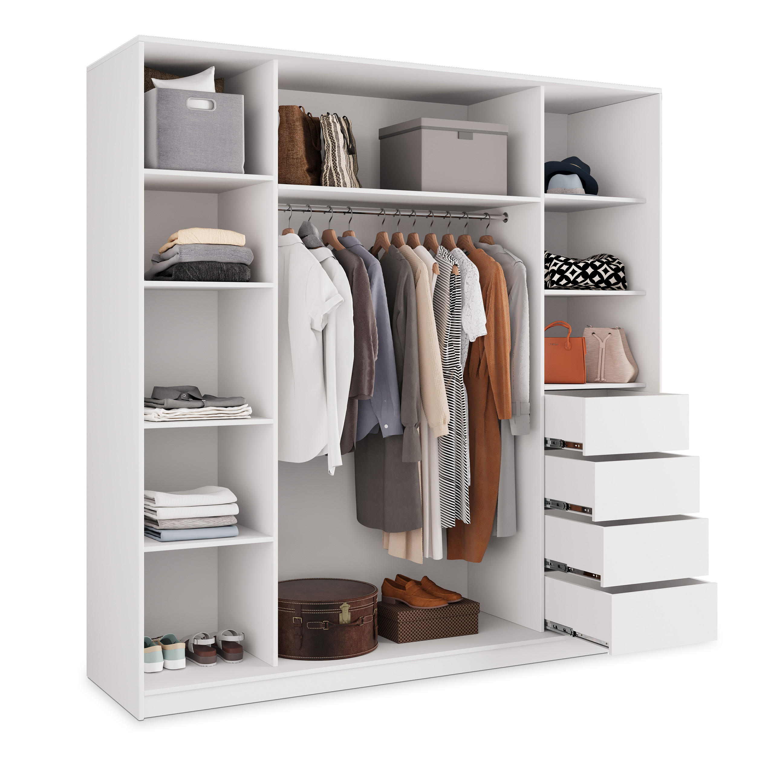 Thumbnail - Masseno Schwebetürenschrank, Weiß, Holzwerkstoff, 7 Fächer, 4 Schubladen, Rechteckig, 200x205x58 cm, Schlafzimmer, Kleid...