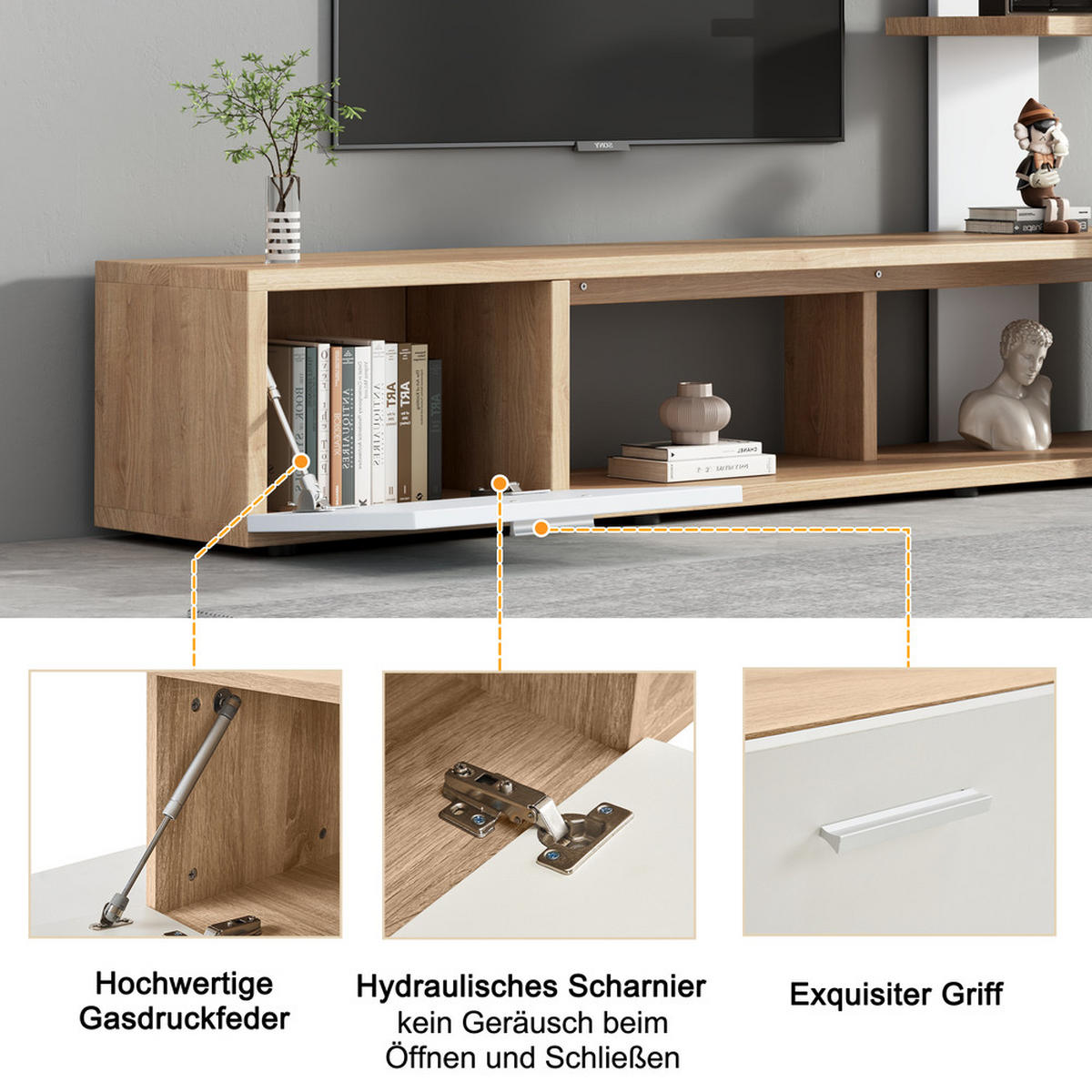 WANDSCHRANK SET 180x33cm Modern Eichenweiß TV-Schrank & Lowboard für bis 60 Zoll - Weiß, Holz (44.78/11.99/159.49cm) - FLIEKS