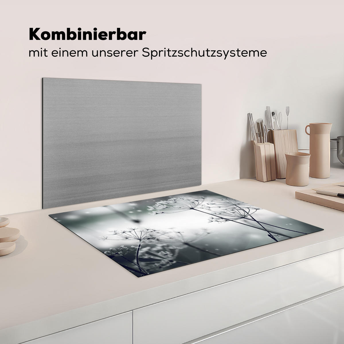 HERDABDECKPLATTE Blumen - Winter - Schnee - Natur Induktionsmatte 71x52 cm - Grau, Kunststoff (71/52/0.2cm) - MuchoWow