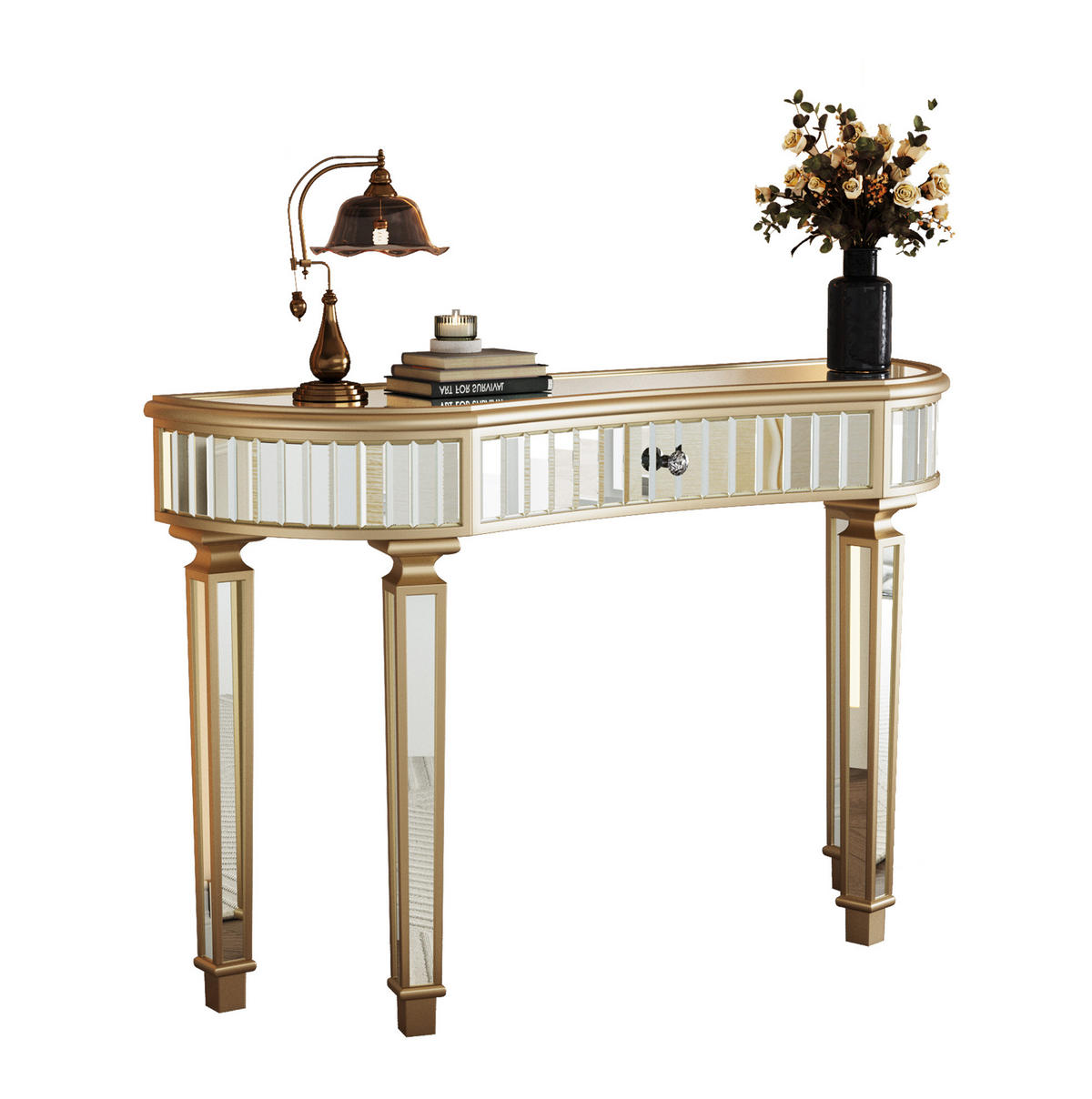 KONSOLENTISCH aus Glas und MDF 120x38x78 cm Gold/Silber mit Schublade und Spiegeldesign - Goldfarben, Holzwerkstoff (38/120/78cm) - Modfu