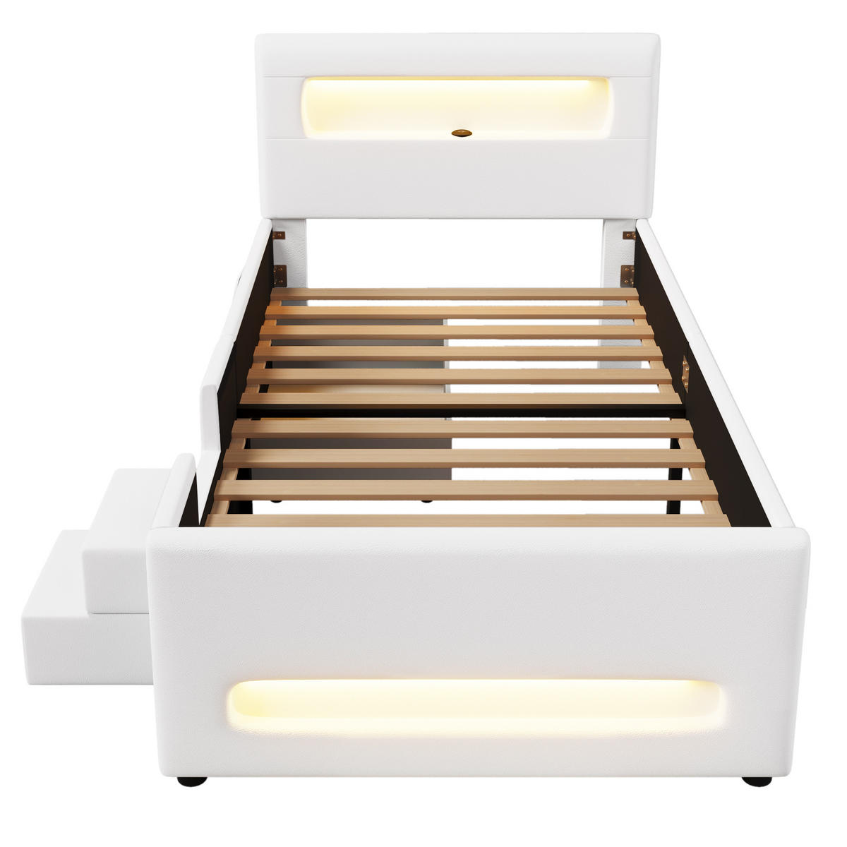 KINDERBETT 90/200 cm DE-03359, mit Treppe, Schubladen, LED-Lichtleisten und Aufbewahrungstaschen, in Weiß - Weiß, Holzwerkstoff (90/200cm) - ComfortXL