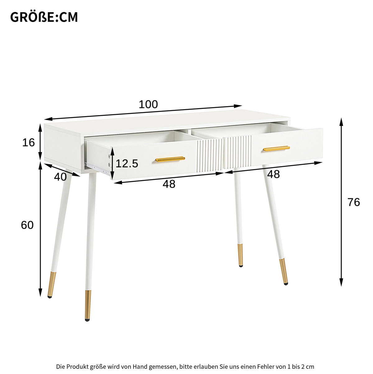 SCHMINKTISCH aus MDF 100x40x76 cm Weiß mit 2 Schubladen und goldfarbenen Metallfüßen - Weiß, Holzwerkstoff (100/76/40cm) - Modfu