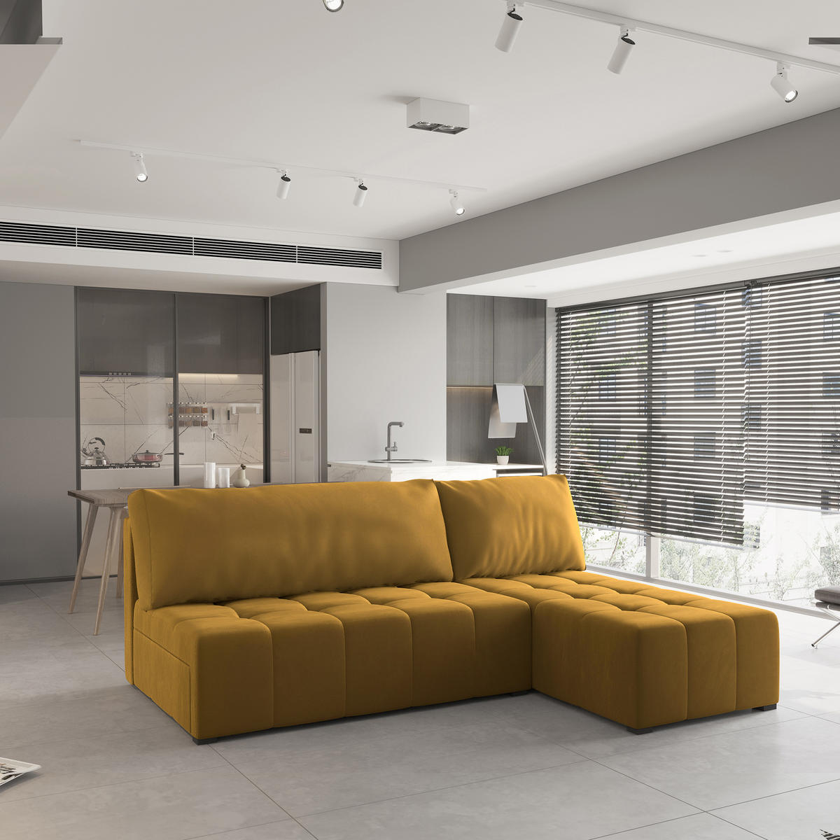 ECKSOFA DOMIRA Gelb Plüsch-Stoff mit Schlaffunktion - Gelb, Holz (200/141cm) - MASSENO