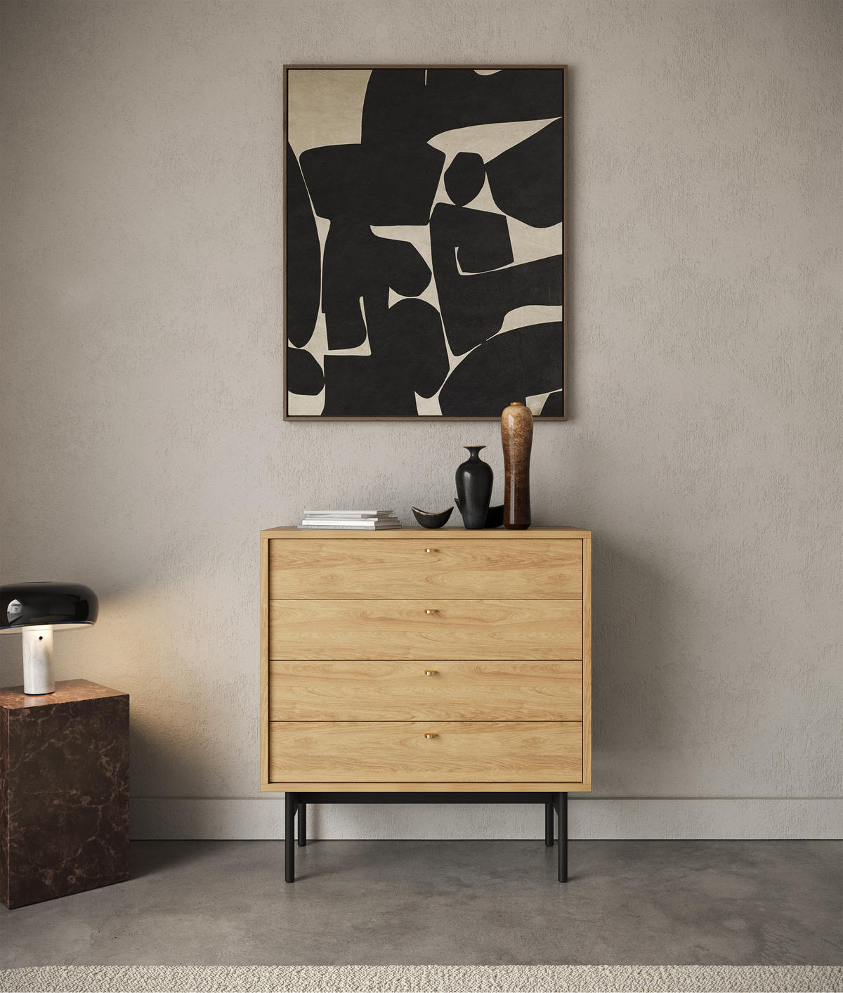 KOMMODE Olar Holzoptik Hickory Natur 85,5 cm - Beige/Goldfarben, Holzwerkstoff/Metall (85.5/91.9/38cm) - Selsey
