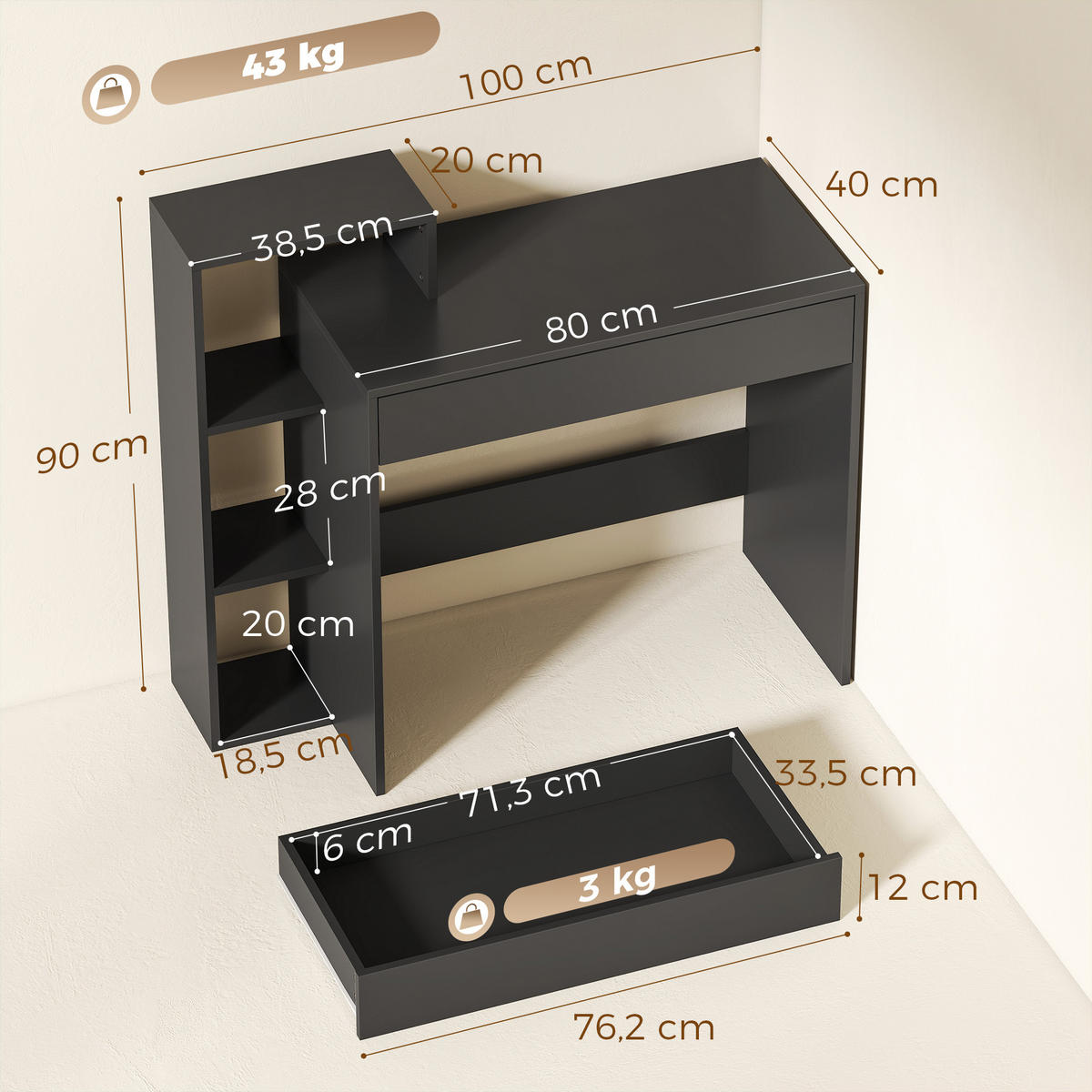 SCHREIBTISCH Schwarz mit Schublade und Ablagefächern 100/40/90 cm - Schwarz, Holzwerkstoff (40/100/90cm) - PANGIVO