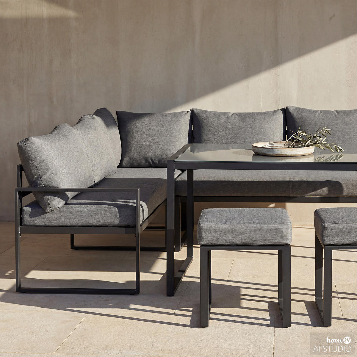 GARTENSITZGRUPPE - 5-teilig - Stahl / Polyester - Schwarz / Grau - Schwarz/Grau, Glas/Textil - home24