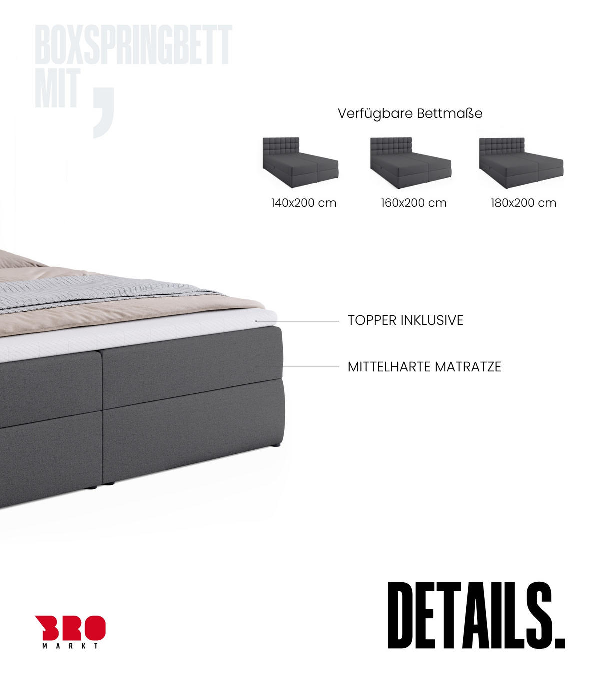 BOXBETT Dakota mit Topper 180/200 Dunkelgrau - Dunkelgrau, Textil (180/200cm) - Bromarkt