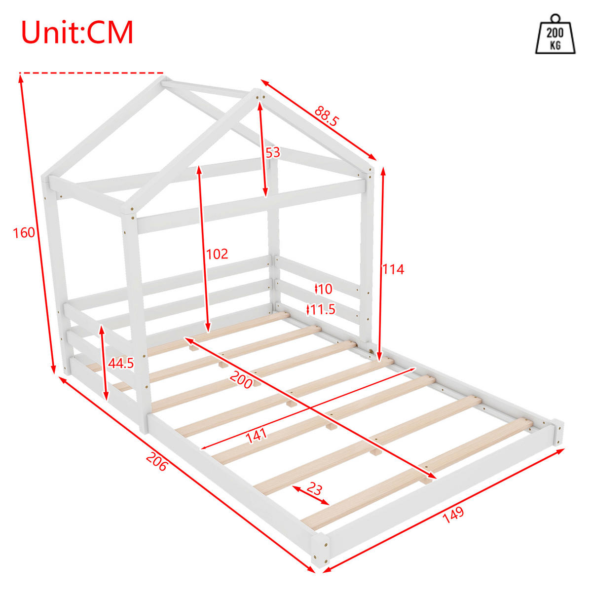 HAUSBETT 140/200 cm Weiß Kiefernholz mit Lattenrost - Weiß, Holz (140/200cm) - OKWISH