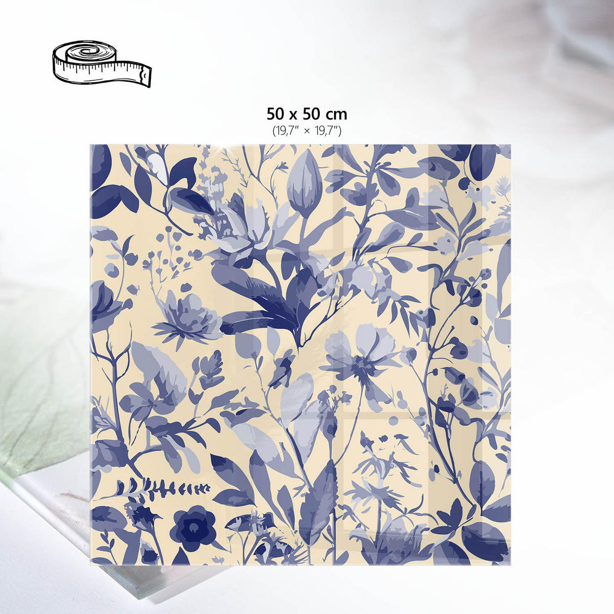 TISCHPLATTE 50x50 cm – Blaue Blumen - Creme, Glas (50/50/0.4cm) - Wallfluent