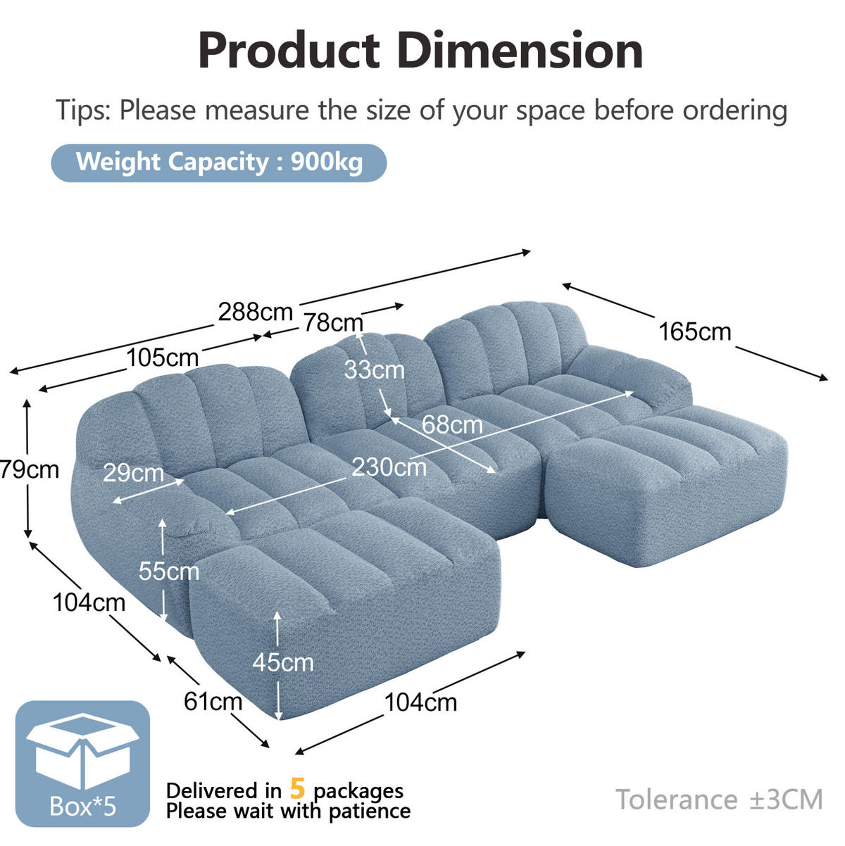 SOFA modular U-/L-Form 3-Sitzer Blue Granular Fleece - Blau, Kunststoff (165/79/288.1cm) - Meubliv