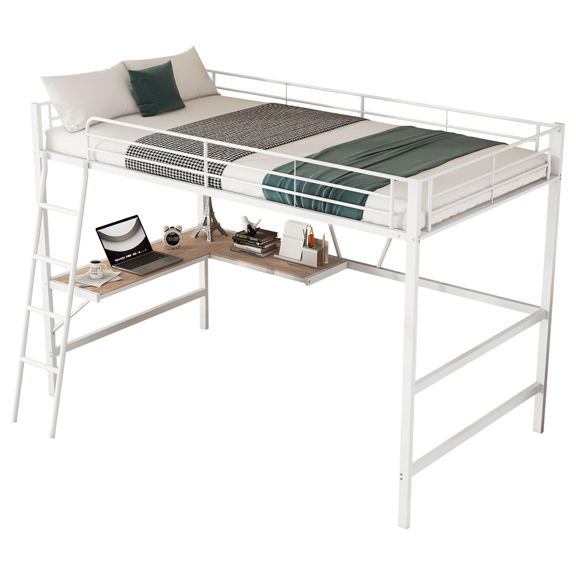 HOCHBETT 90/200 cm, Weiß mit L-förmigem Schreibtisch und Regal - Weiß, Metall (90/200cm) - MIVRAY