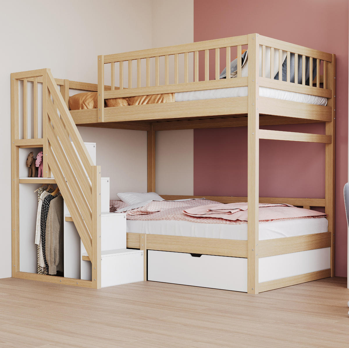 ETAGENBETT 90/200 cm aus Massivholz mit Stauraumtreppe und Schublade Naturfarben/Weiß - Naturfarben, Holz (90/200cm) - Modenvie