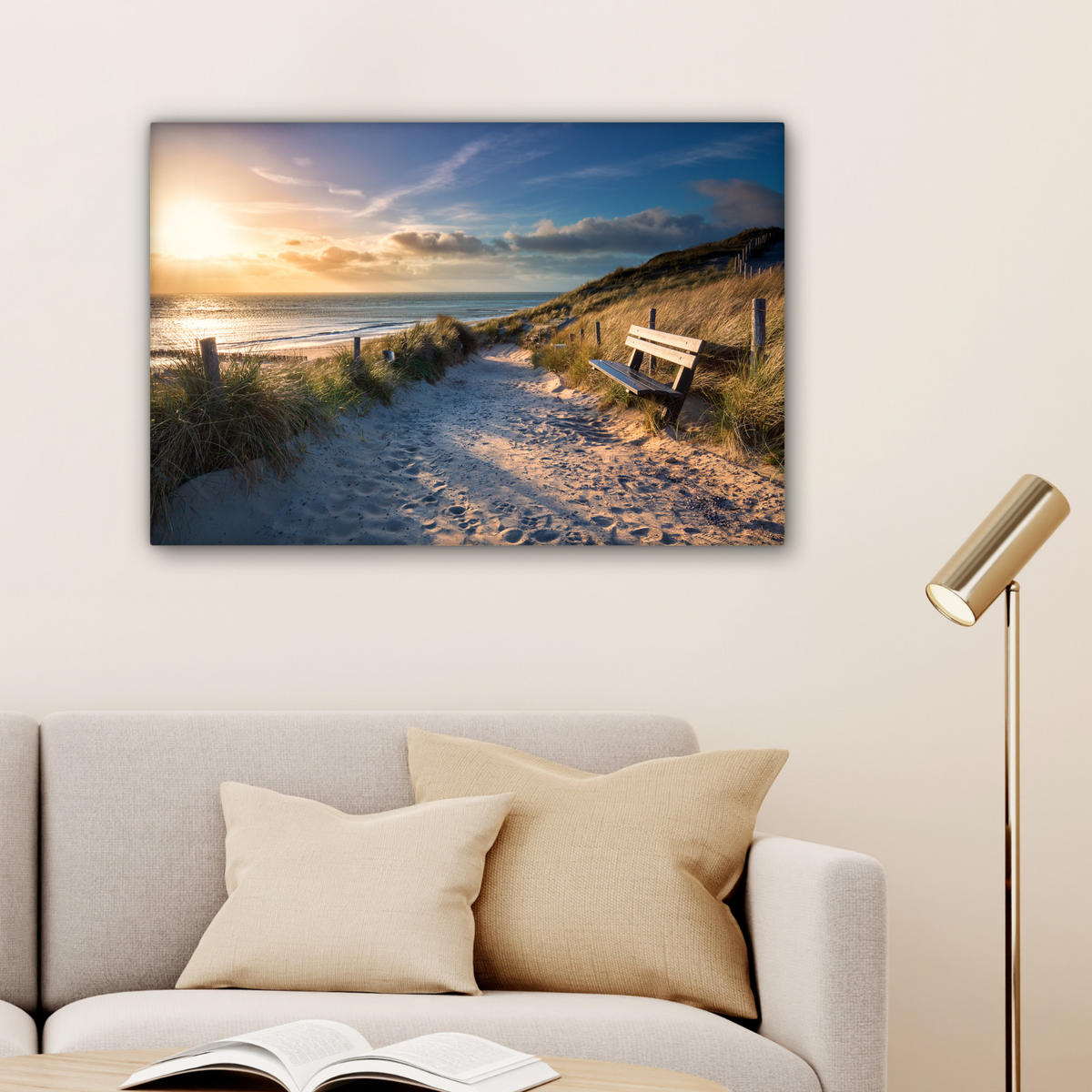 LEINWANDBILD - Sonnenuntergang - Strand - Düne - Gras - Ufer - 90x60 - Deko Wohnzimmer - Sandfarben, Textil (90/60cm) - MuchoWow