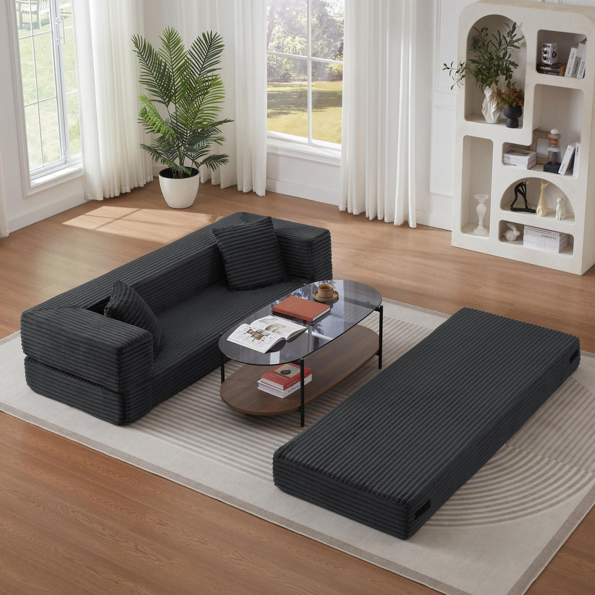 SCHLAFSOFA aus Cord in Dunkelgrau 2-lagiges Design & zum Doppelbett ausklappbar - Dunkelgrau, Textil (89/59/195cm) - Urban Meuble