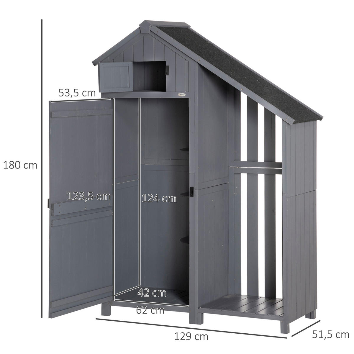 GARTENSCHRANK aus Holz, Geräteschuppen, Holzhütte, Giebeldach, Grau+Schwarz - Grau, Holz (51.5/180/129cm) - Outsunny