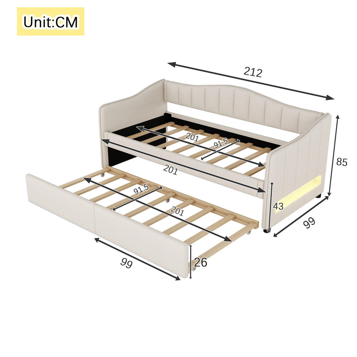 TAGEBETT 90x200cm Beige Leinen mit Ausziehbett Ambiente-Licht-Design - Beige, Holz (90/200cm) - FLIEKS