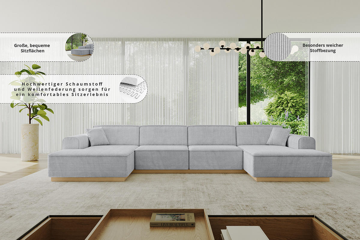 WOHNLANDSCHAFT IREA-U2-v2 - 382x165x81 cm Hellgrau - Hellgrau, Holzwerkstoff/Textil (382/81/165cm) - ALTDECOR