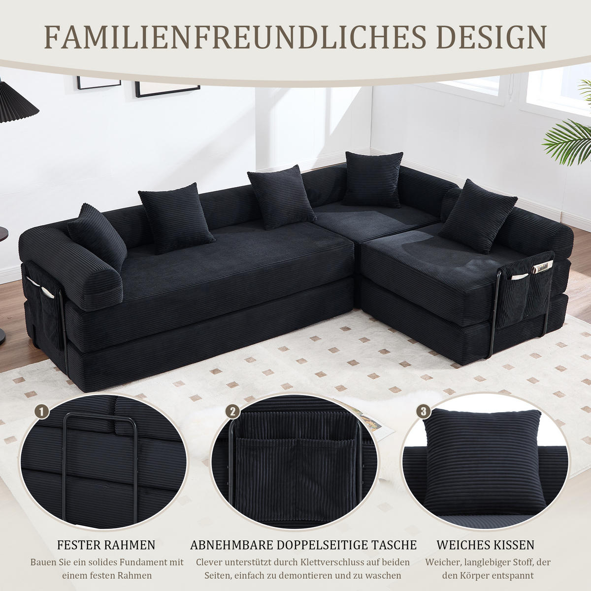 ECKSCHLAFSOFA 270/180/64 cm Schwarz mit Integrierte Seitentaschen - Schwarz, Textil (270/180cm) - Oxeza