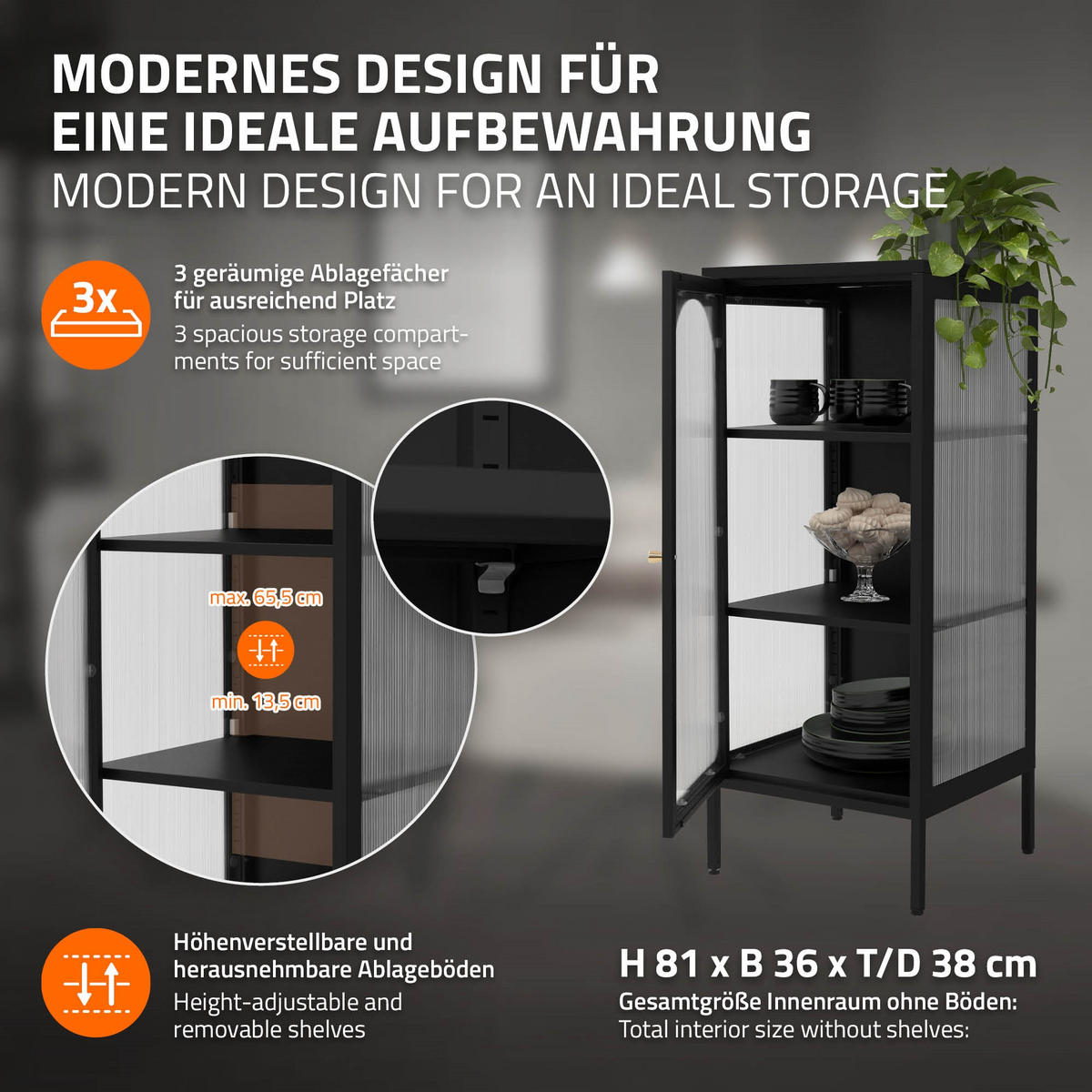 VITRINENSCHRANK Schwarz 42/40/102,5 cm - Schwarz, Metall (40/102.5/42cm) - ML-DESIGN