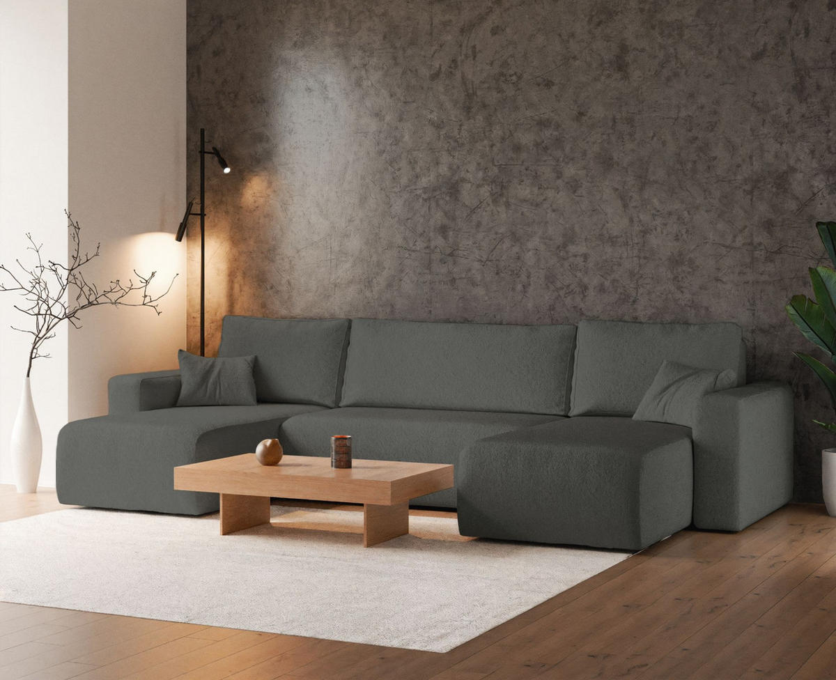 WOHNLANDSCHAFT Pianoni Dunkelgrau Bouclé-Bezug - Dunkelgrau/Schwarz, Kunststoff/Textil (312/83/140cm) - Selsey