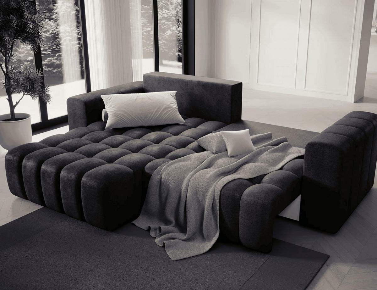ECKSOFA mit Schlaffunktion und Bettkasten, Velours-Stoff - Dunkelbraun/Schwarz, Textil (250/175cm) - Eltap
