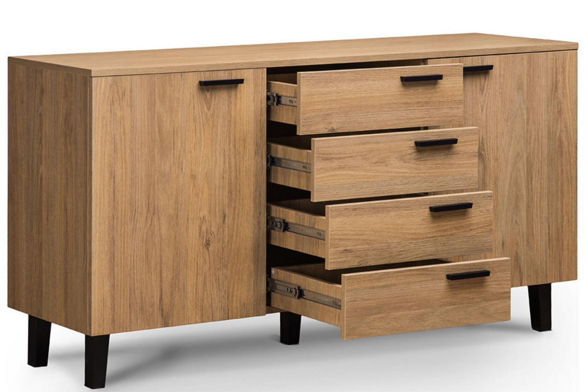 KOMBIKOMMODE FRISK 2 Türen und 4 Schubladen, Eiche natur - Eichefarben/Schwarz, Eichenholz/Holzwerkstoff (150/81/46cm) - KONSIMO®