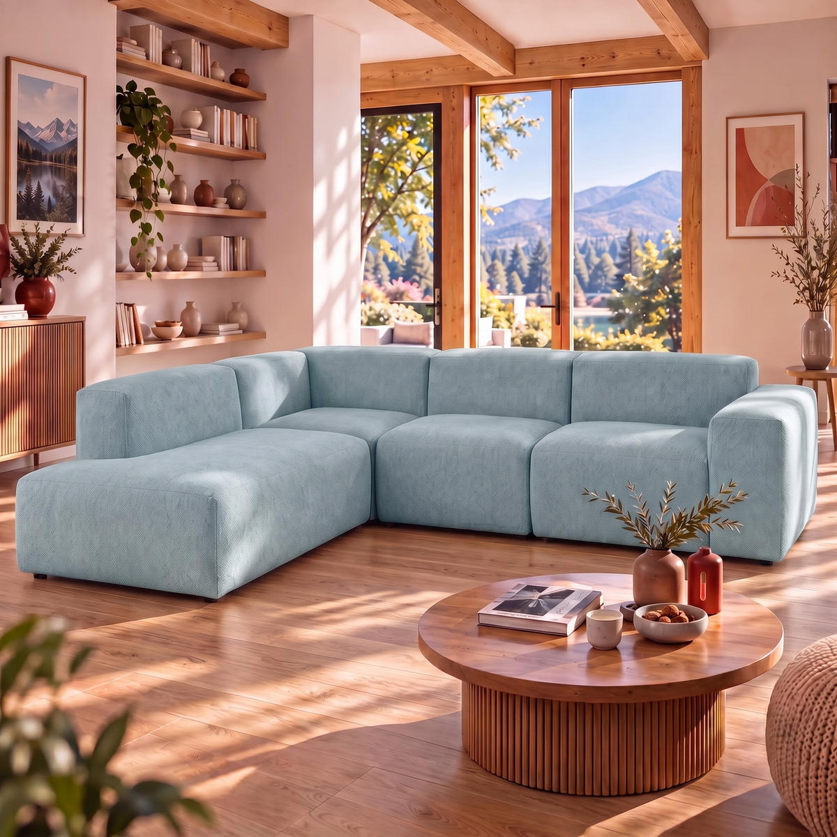 4-SITZER modulares Ecksofa HEAVEN SET 2 Links, Breite 300 cm Webstoff Blaugrau - Blaugrau/Schwarz, Holz/Kunststoff (300/245cm) - Muffo