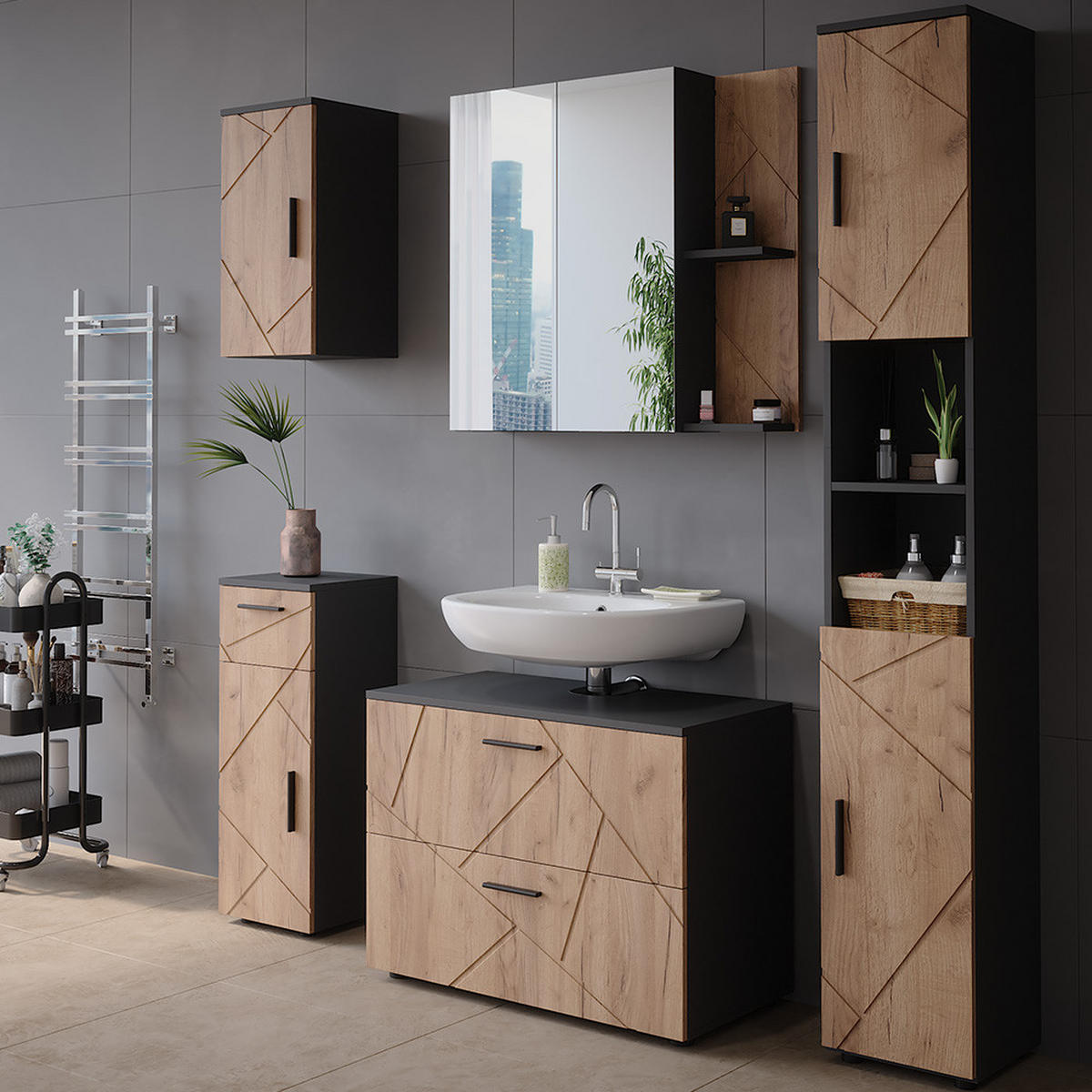 BADSPIEGELSCHRANK Irma Anthrazit/Goldkraft Eiche 80 x 75 cm - Honigeiche/Anthrazit, Holzwerkstoff (80/75/17.2cm) - Vicco