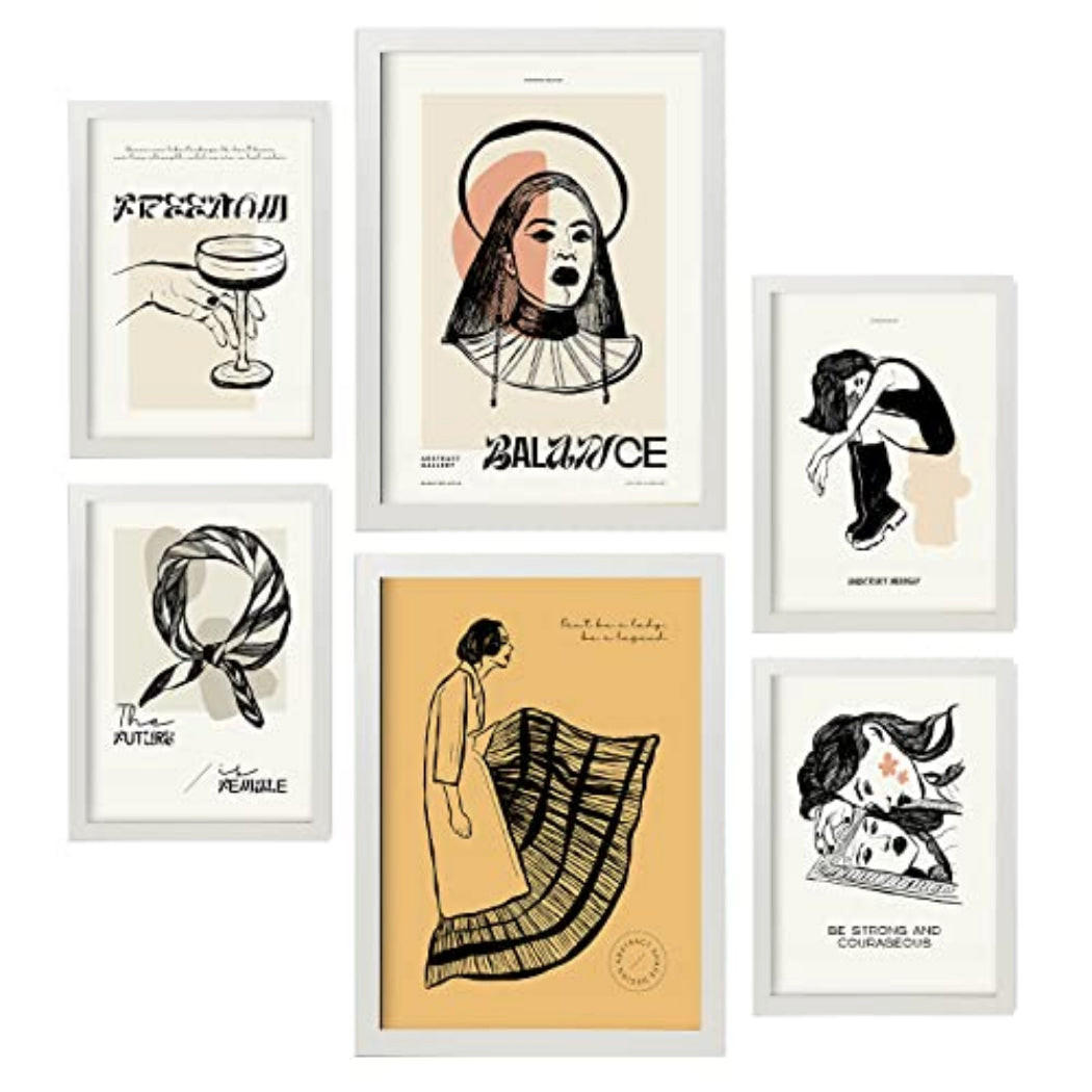 POSTER Set Mit 6 In Schwarzer Tinte Tapfer Kunstdrucke Im Skizzenstil Für Innenarchitektur A3 & A4 Weißer Rahmen - Weiß, Papier (29/3cm) - Nacnic