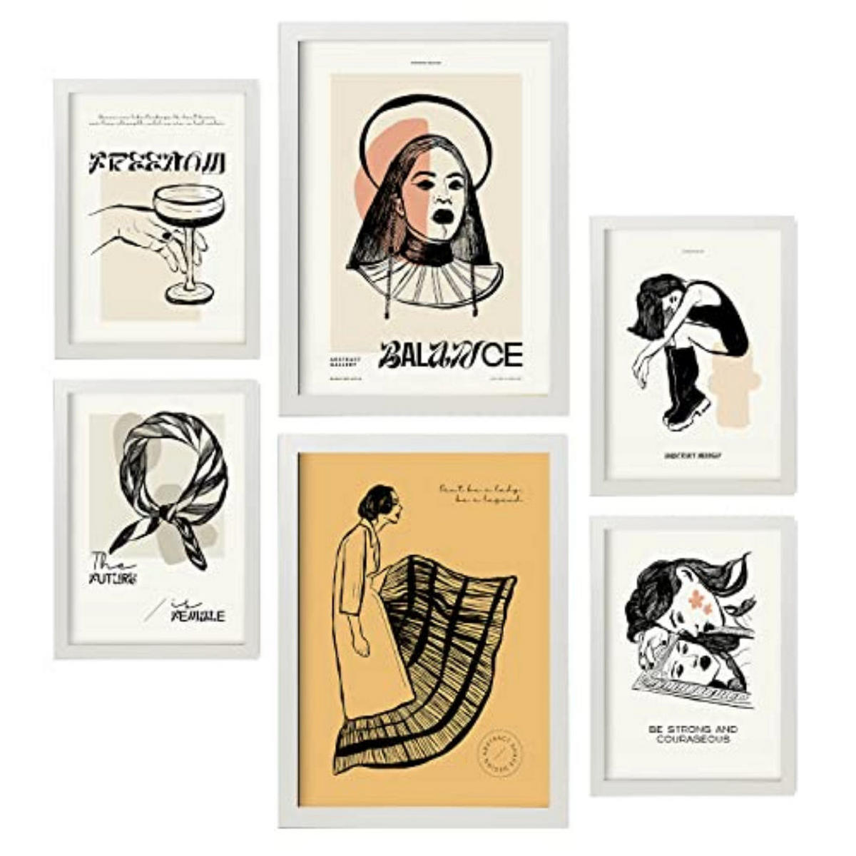 POSTER Set Mit 6 In Schwarzer Tinte Tapfer Kunstdrucke Im Skizzenstil Für Innenarchitektur A3 & A4 Weißer Rahmen - Weiß, Papier (29/3cm) - Nacnic