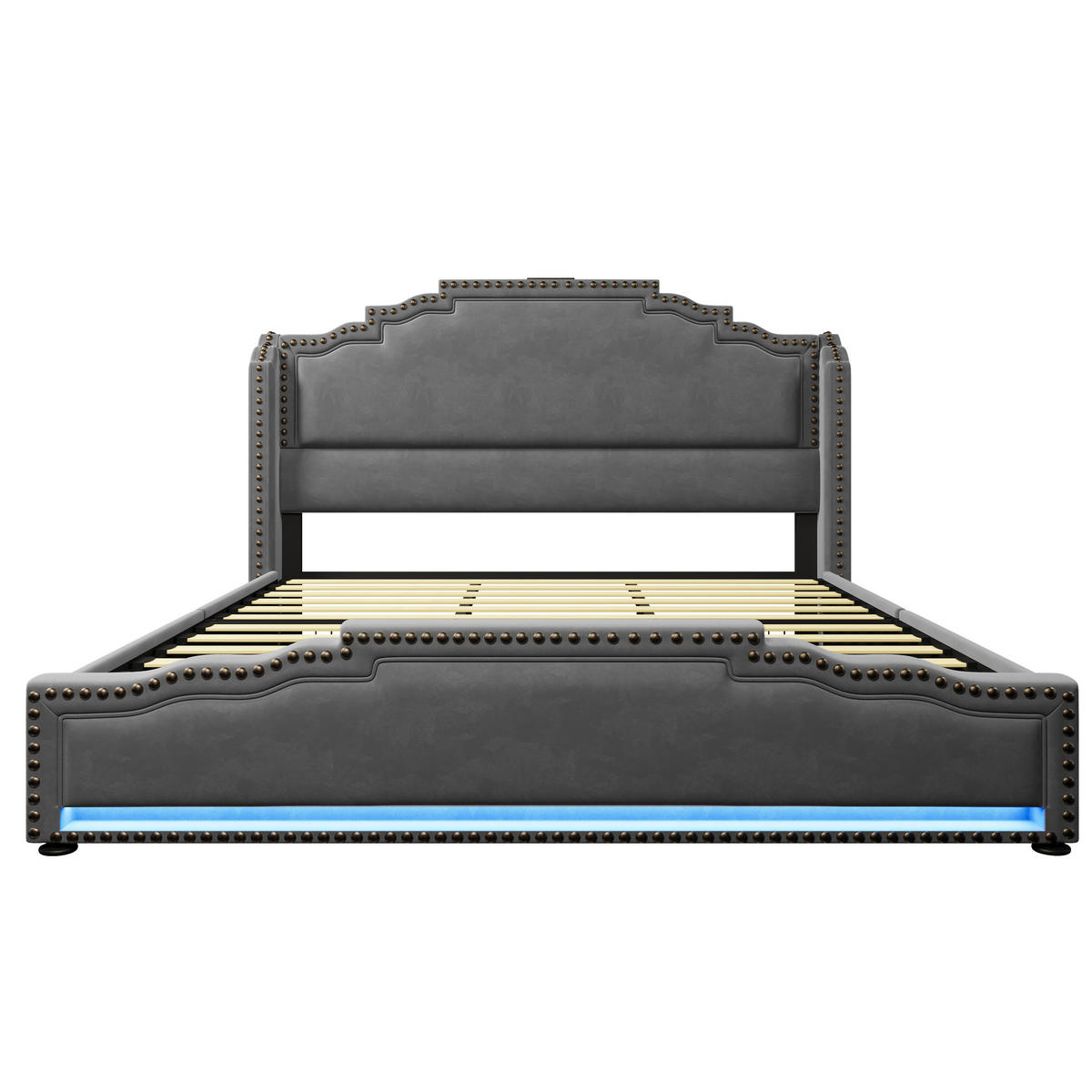 POLSTERBETT 180/200 cm mit 4 Schubladen, LED-Beleuchtung, USB-C und Lattenrost aus Samt, Grau - Grau, Textil (180/200cm) - Redom