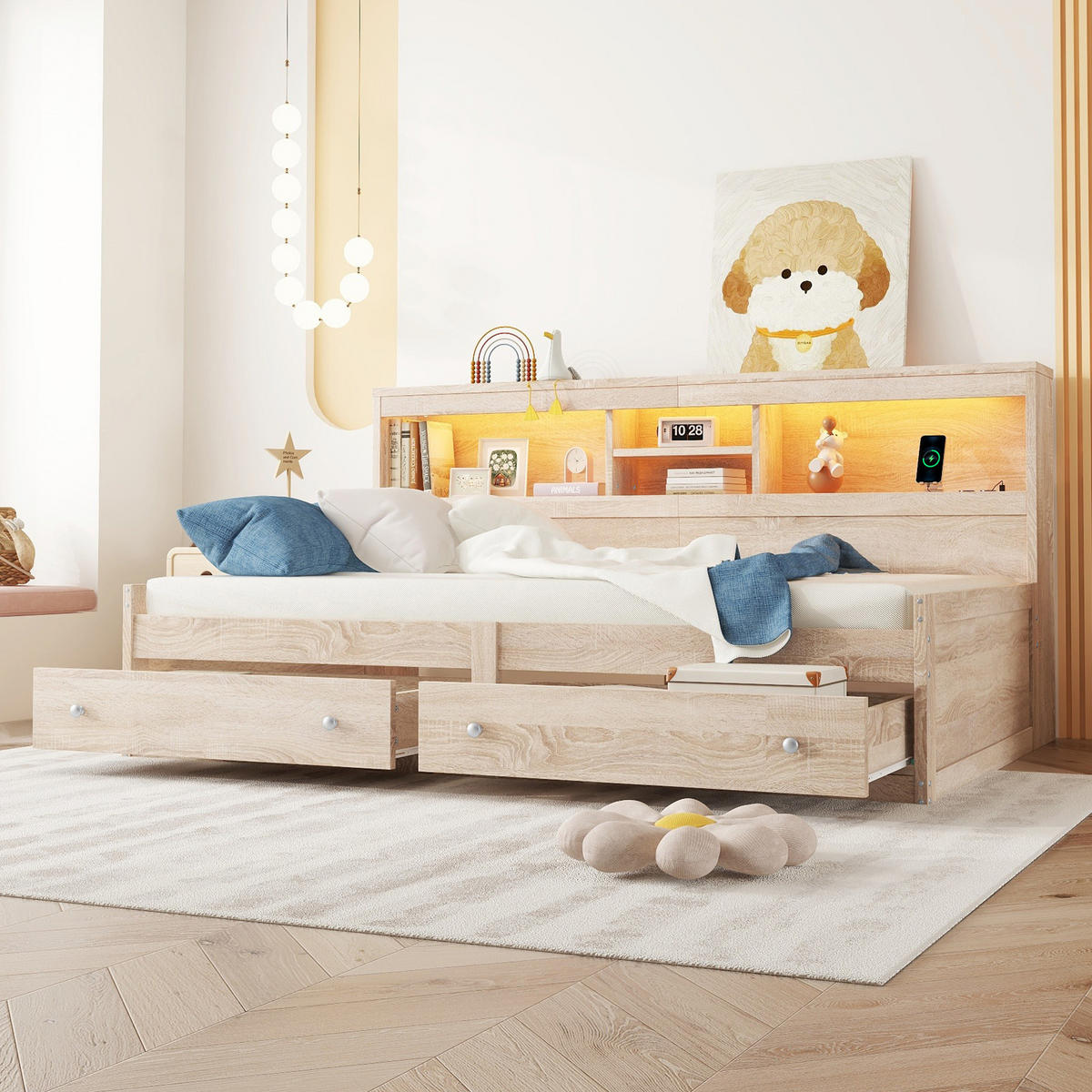 TAGEBETT 90x200cm Natur Spanplatte Nachtkästchen 2 USB Ambiente-Licht - Naturfarben, Holz (90/200cm) - FLIEKS