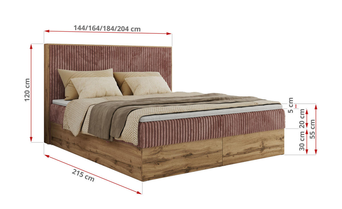 BOXBETT WOOD CLASSIC 160/200 - Rosa Cord - H3 - Rosa, Textil (160/200cm) - MKS