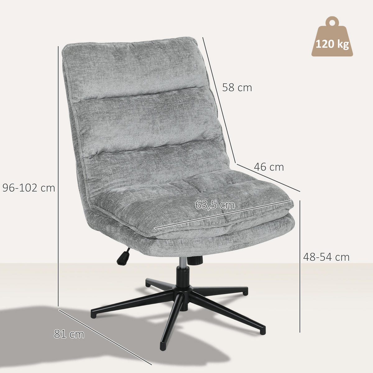 BÜROSTUHL Ohne Armlehnen Gepolsterter Schreibtischstuhl mit Breiter Polster - Schwarz/Grau, Textil/Metall (63.5/102/81cm) - HOMCOM