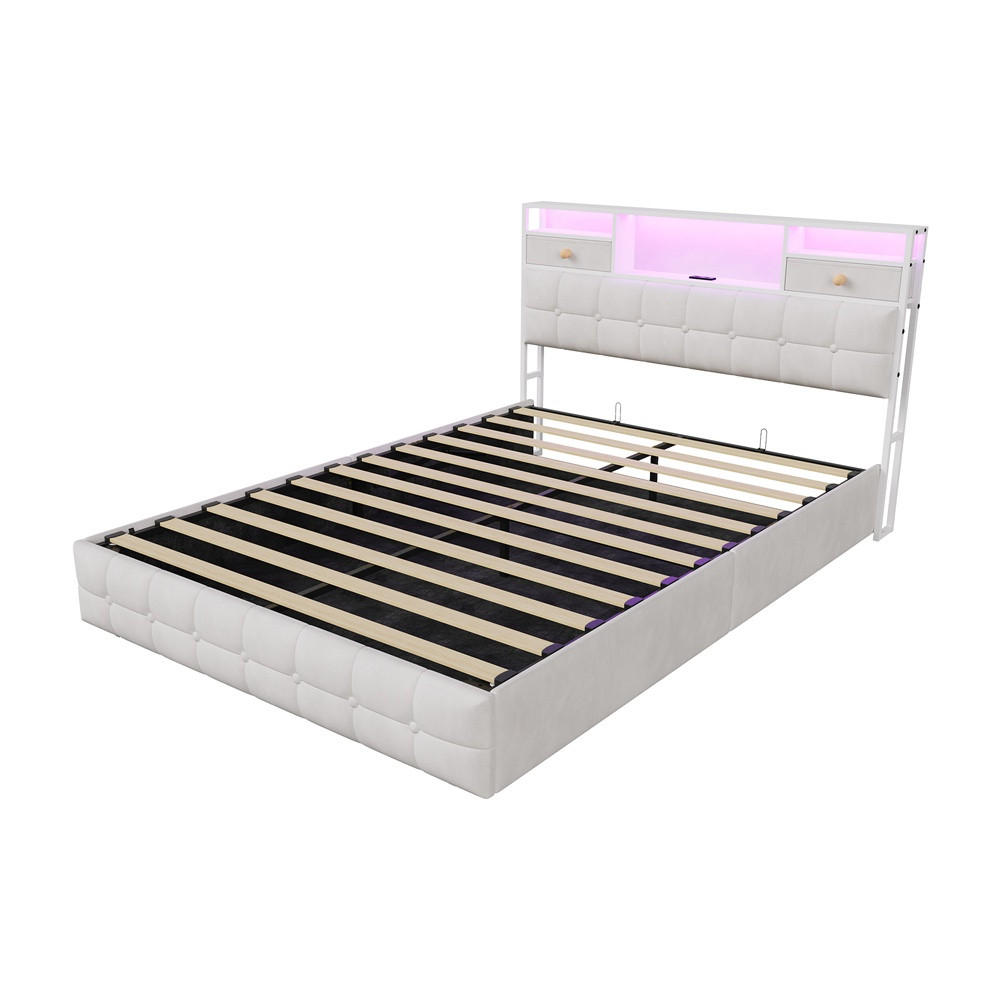 POLSTERBETT 140x200 cm - mit LED-Beleuchtung, 2 Nachttisch-Schubladen und hydraulischem Bettkasten - Beige - Beige, Textil (140/200cm) - DELFA